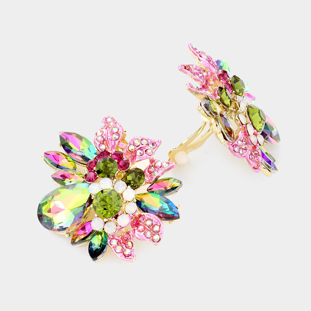 Floral Multi Stone Multi-Color Crystal Clip On Pageant Earrings | Interview Earrings