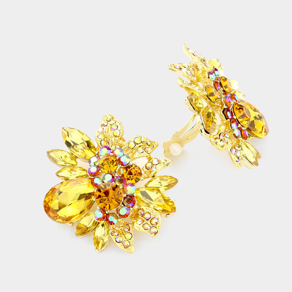 Floral Multi Stone Yellow Crystal Clip On Pageant Earrings | Interview Earrings | 502718