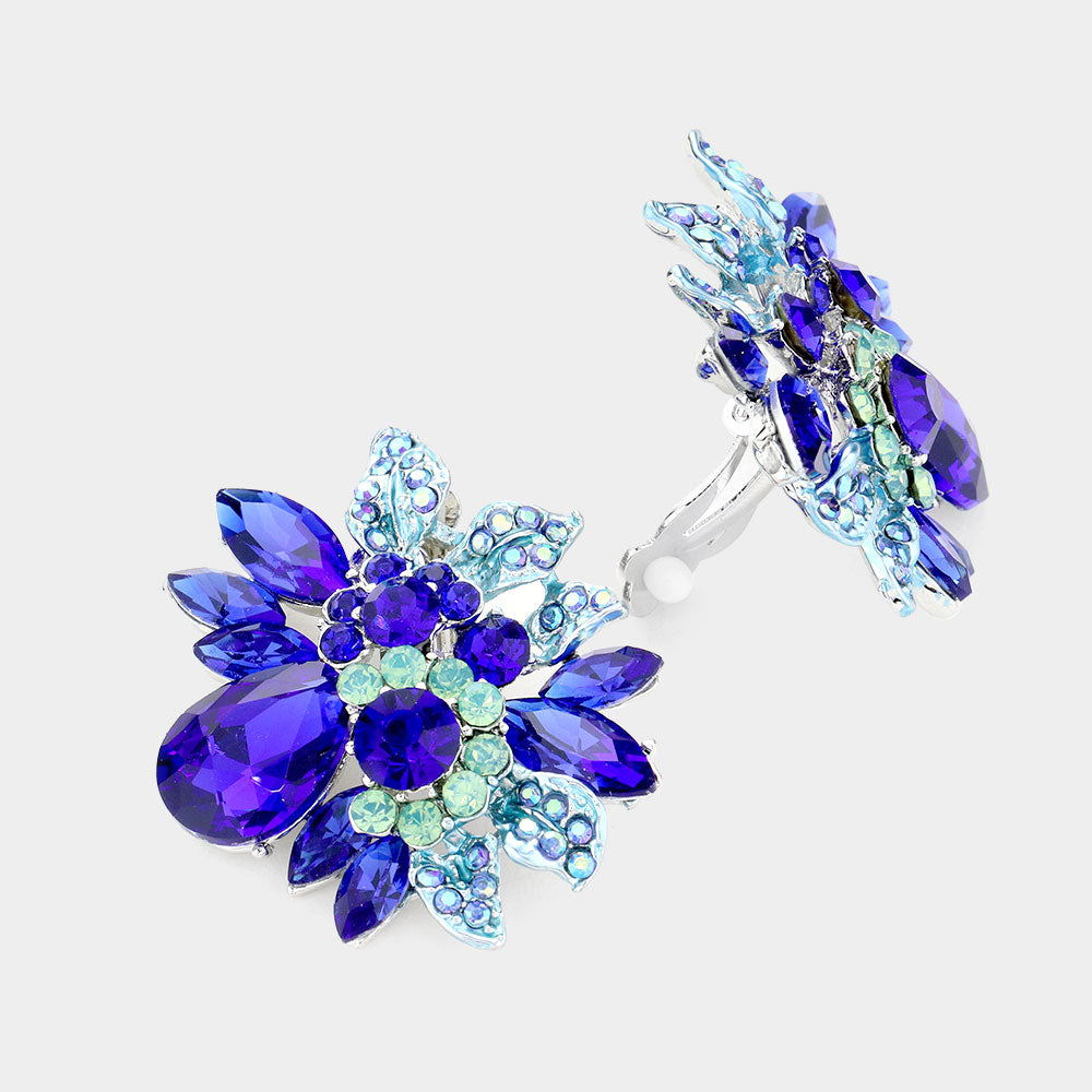 Floral Multi Stone Royal Blue Crystal Clip On Pageant Earrings | Interview Earrings