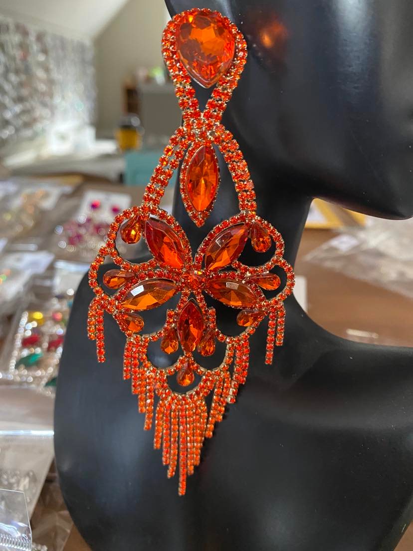 Very Large Light Weight Orange Crystal Flower Fringe Earrings
