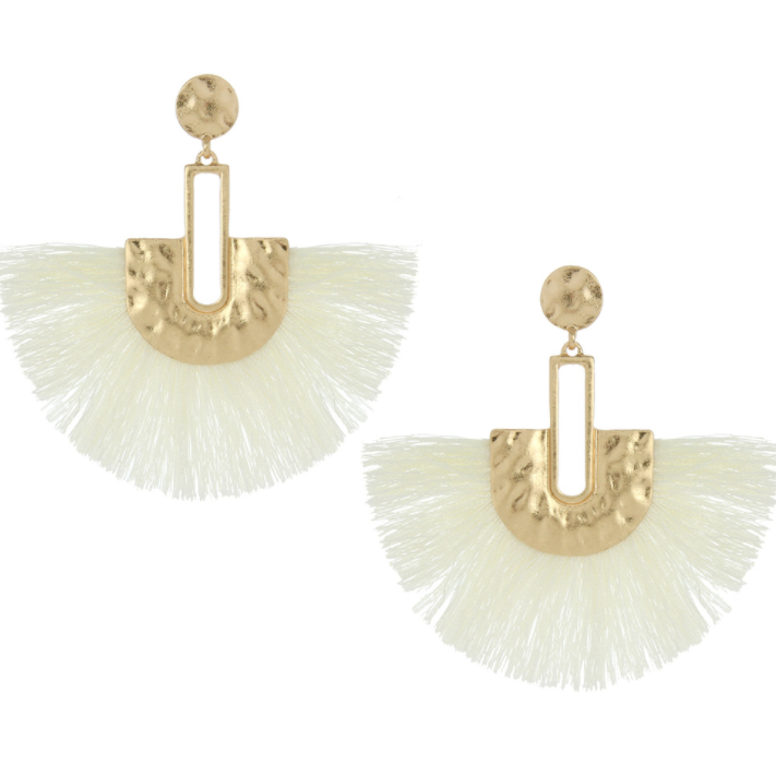 Gold Post Ivory Fabric Fun Fashion Tassel Earrings