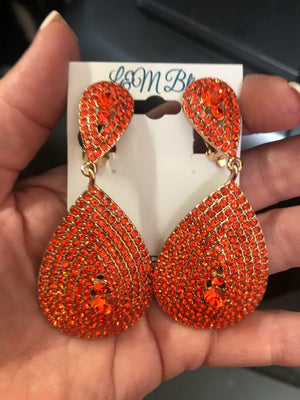 Large Orange Crystal Drop Earrings on Gold | Clip On | 490242