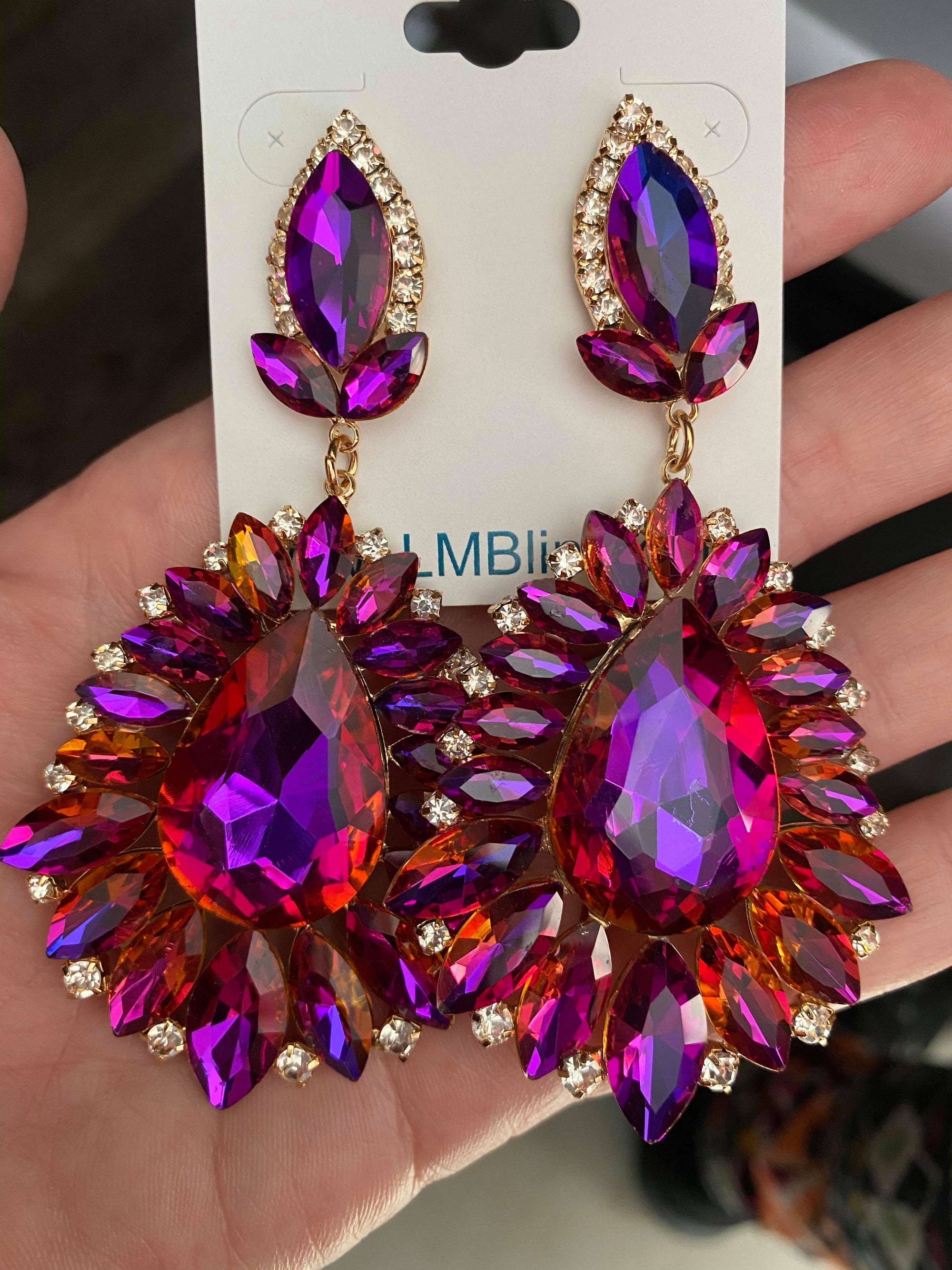 Purple Crystal and AB Stone Drop Statement Earrings | Prom Earrings